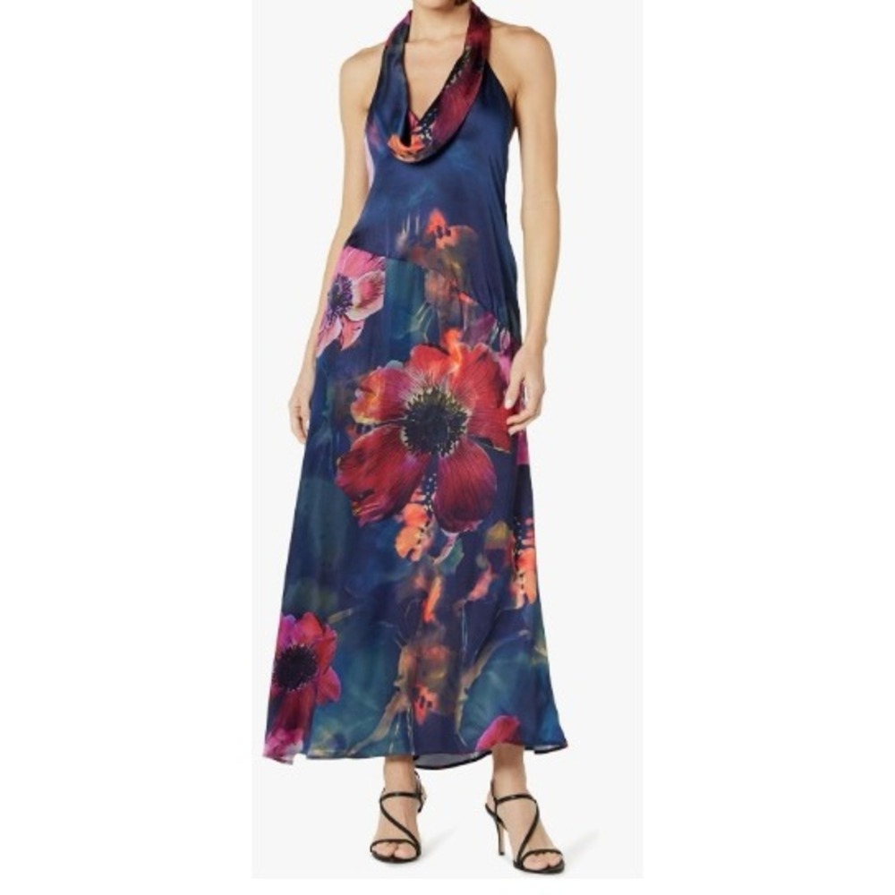 The Drop Dress Size S Slim Cowl Neck Maxi Dress Big Multi Floral Halter NEW